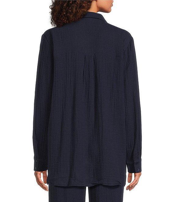 Eileen Fisher Petite Size Organic Cotton Gauze Point Collar Long Sleeve Top Product Image