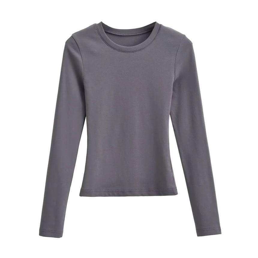 Long-Sleeve Crew Neck Plain Crop T-Shirt Product Image