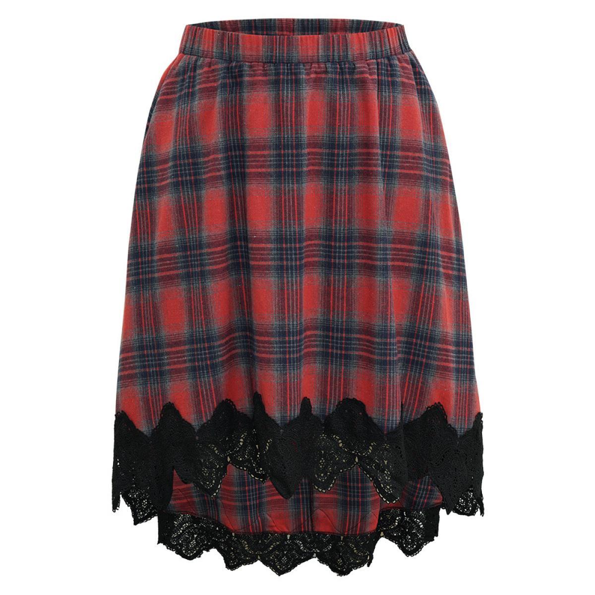 Plus Size Plaid Lace Panel Pocket High Low Hem Skirt Women Scarlet Elegant Patchwork No stretch Pocket Festival-Christmas Skirts BloomChic 18-20/2X Product Image