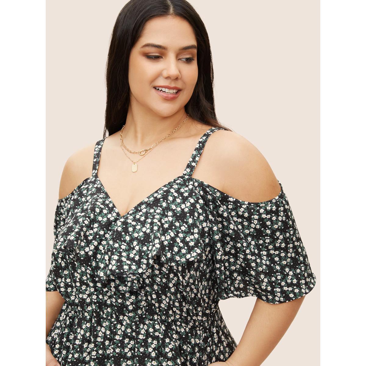 Plus Size Ditsy Floral Pocket Wrap Cold Shoulder Ruffle Dress Black Women Elegant Non Overlap Collar Short sleeve Curvy Midi Dress BloomChic 10/M Product Image