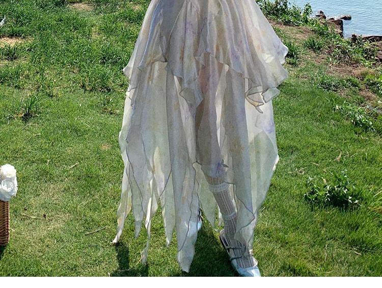 Spaghetti Strap V-Neck Tie Dye Asymmetrical Layered Open Back A-Line Dress Product Image