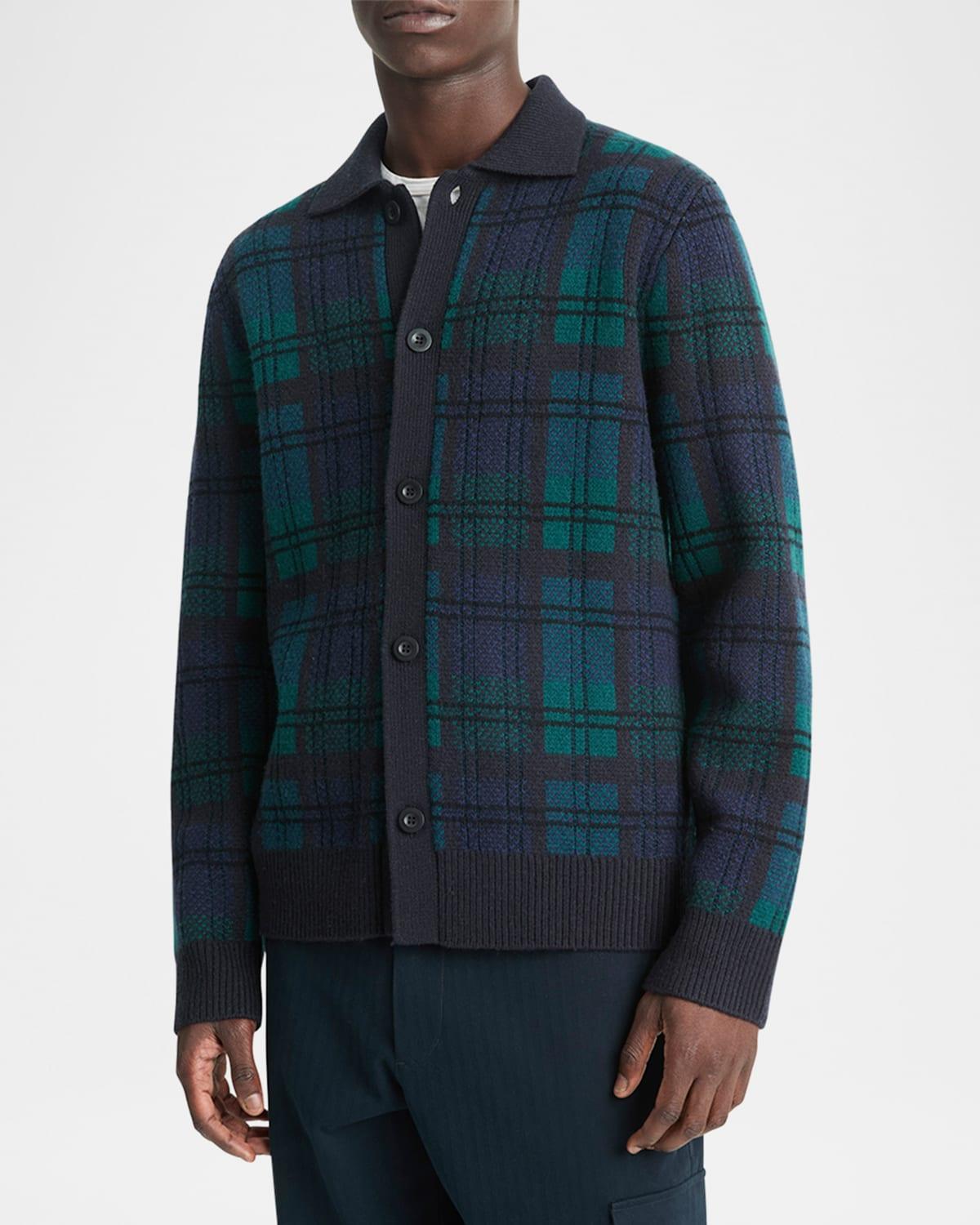 Mens Plaid Wool-Cashmere Collar Cardigan Product Image