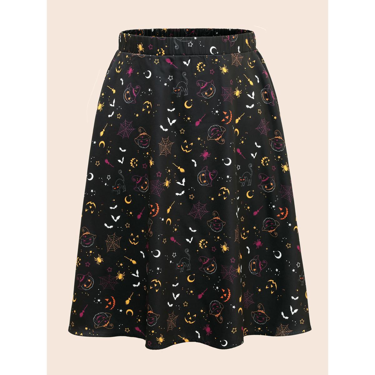 Plus Size Pumpkin Dance Printed Knee-Length Skirt Women Black Cocktail Non No stretch Slanted pocket Party Skirts BloomChic 18-20/2X Product Image