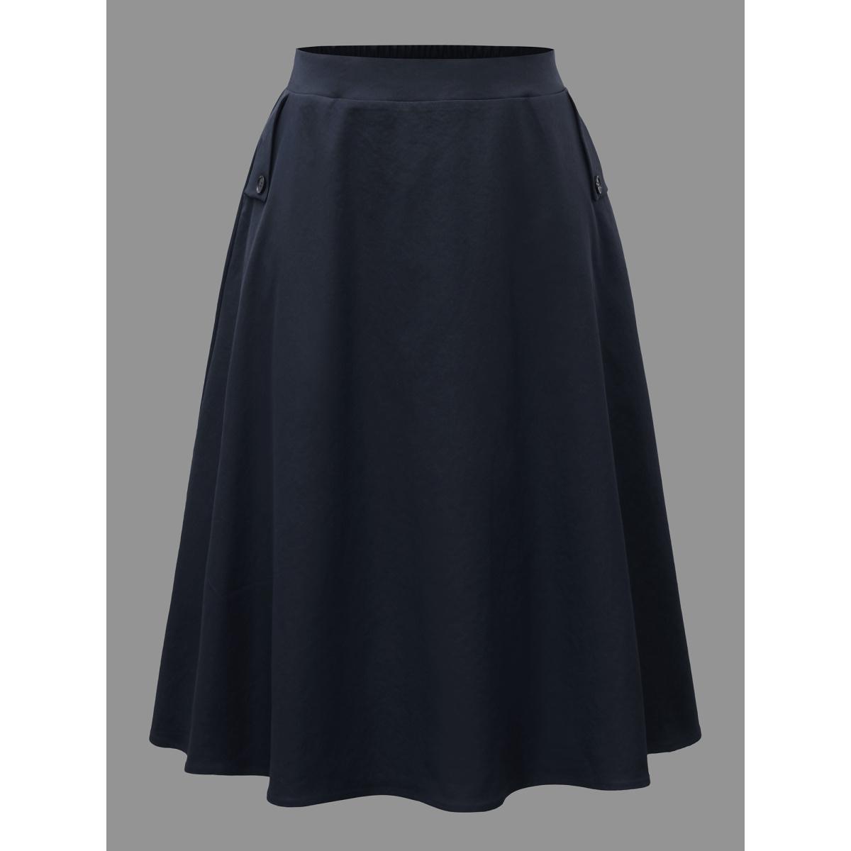 Plus Size Solid Buckle Detail Pocket Skirt Women Indigo Elegant Button Low stretch Slanted pocket Everyday Skirts BloomChic 10/M Product Image