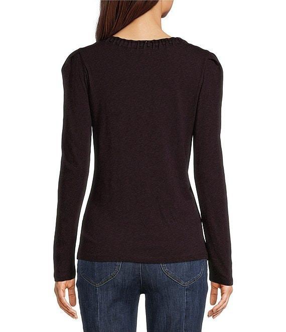Democracy Petite Size Crew Neck Long Sleeve Soutache Side Ruched Detail Knit Top Product Image