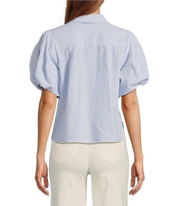 A Loves A Linen Stripe Point Collar Short Bubble Sleeve Button Front Shirt Product Image