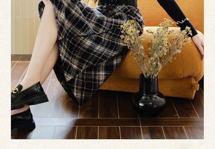 Long-Sleeve Crew Neck Faux Pearl Knit Top / Square Neck Plaid Midi A-Line Overall Dress Product Image