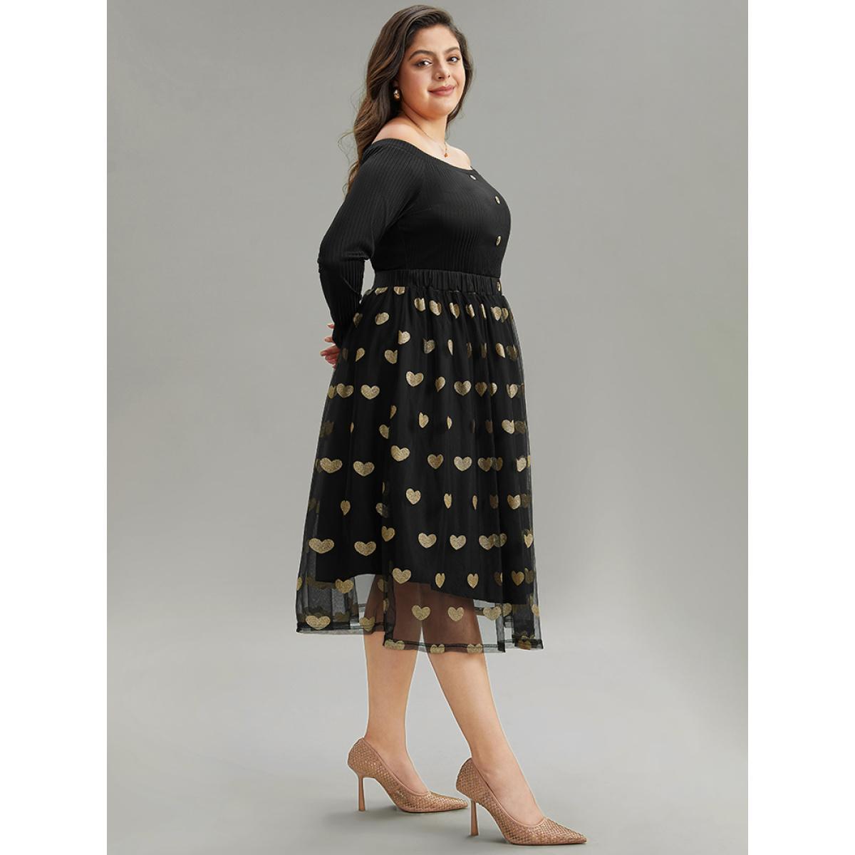 Plus Size Heart Print Rib Knit Button Detail Off Shoulder Dress Black Women Elegant Printed One-shoulder neck Long Sleeve Curvy Midi Dress BloomChic 18-20/2X Product Image