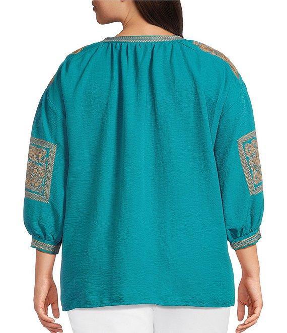 Calessa Plus Size Crinkle Textured Foulard Embroidered Split V-Neck Long Sleeve Tunic Product Image