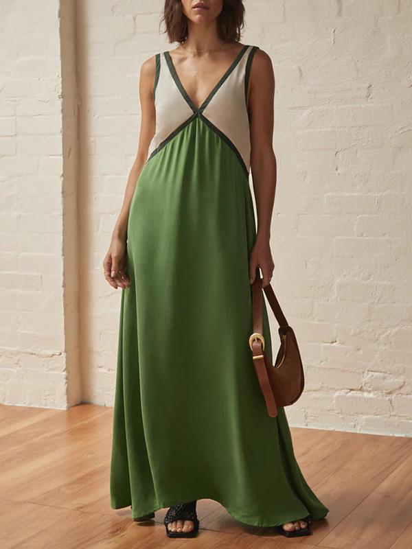 Loose Sleeveless Contrast Color Split-Joint Deep V-Neck Maxi Dresses Product Image