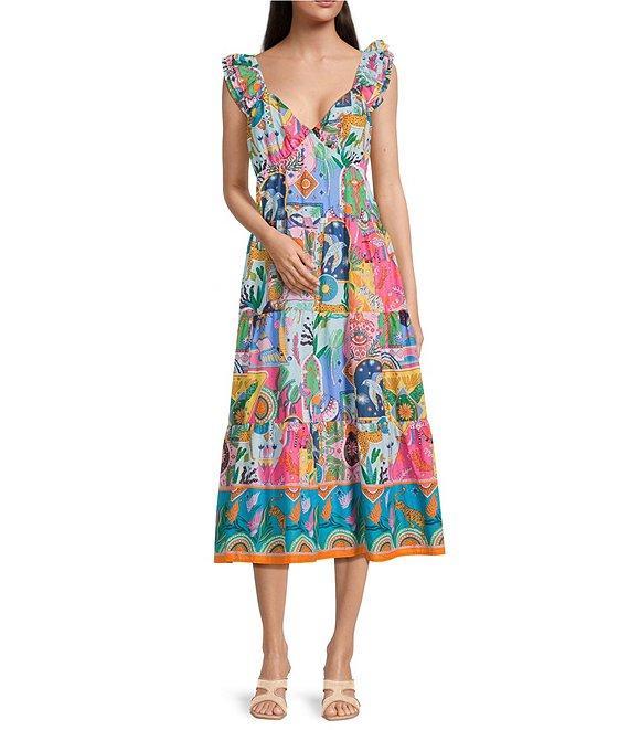 J.Marie Sloane Printed V-Neck Ruffle Sleeve A-Line Dress Product Image