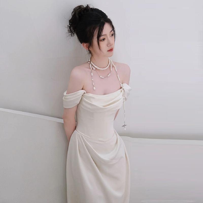 Off Shoulder Plain Ruched Satin A-Line Wedding Gown Product Image