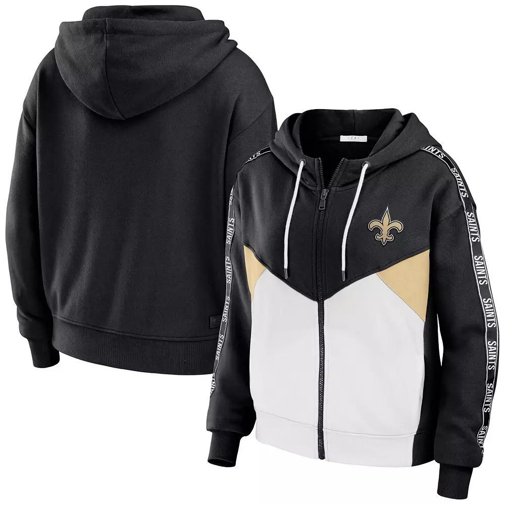 Women's WEAR by Erin Andrews Black/White New Orleans Saints Color Block Light Weight Modest Crop Full-Zip Hoodie, Size: 2XL Product Image