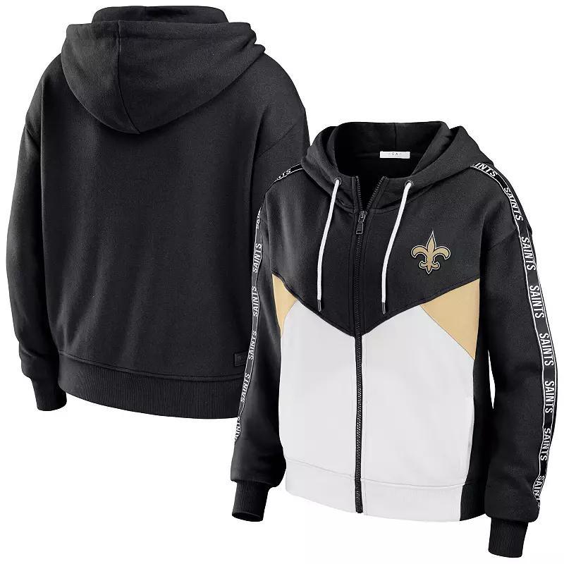 Women's WEAR by Erin Andrews Black/White New Orleans Saints Color Block Light Weight Modest Crop Full-Zip Hoodie, Size: 2XL Product Image