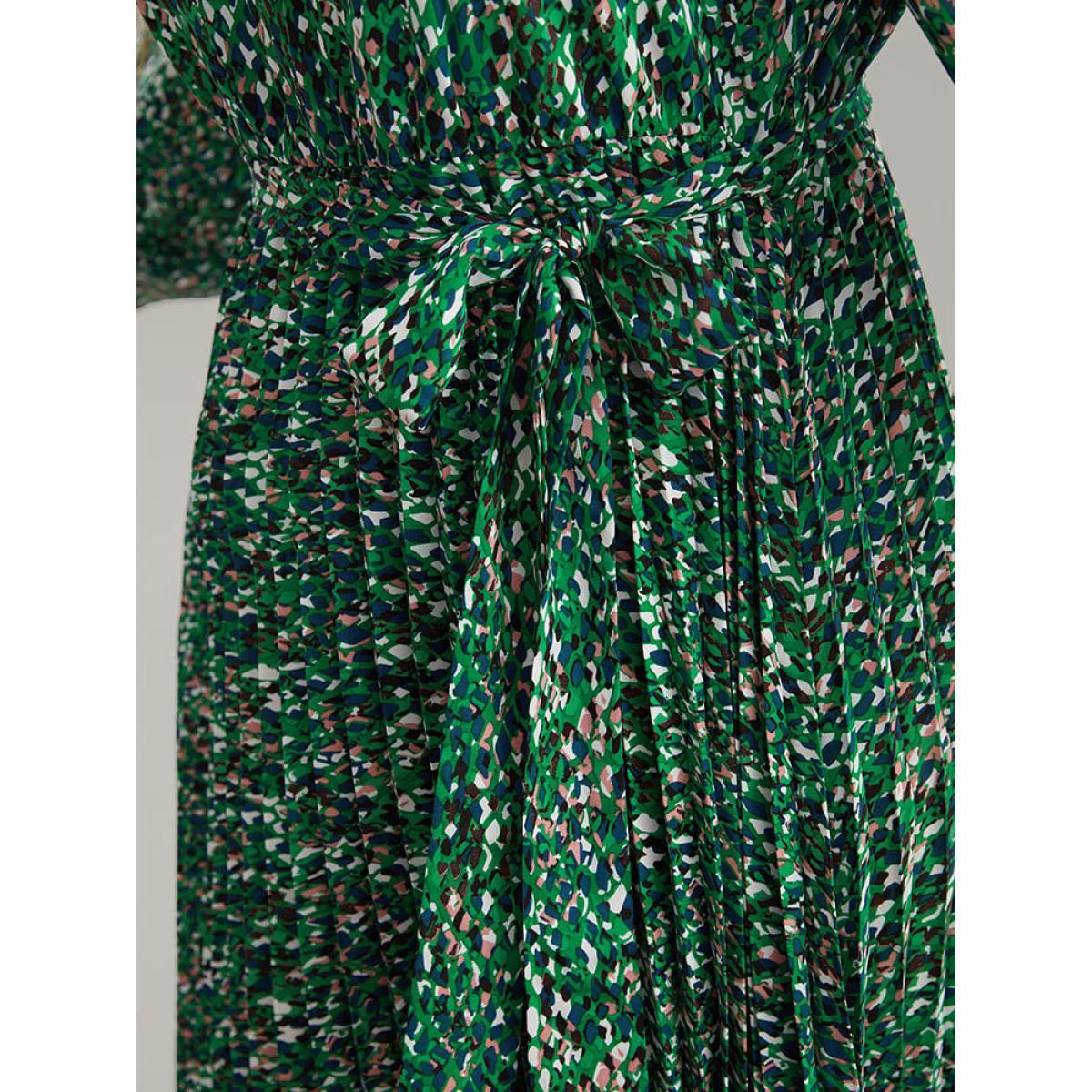 Plus Size Ditsy Floral Belted Pleated Dress Cyan Women Glamour Belted V-neck Long Sleeve Curvy Midi Dress BloomChic 28/5X Product Image