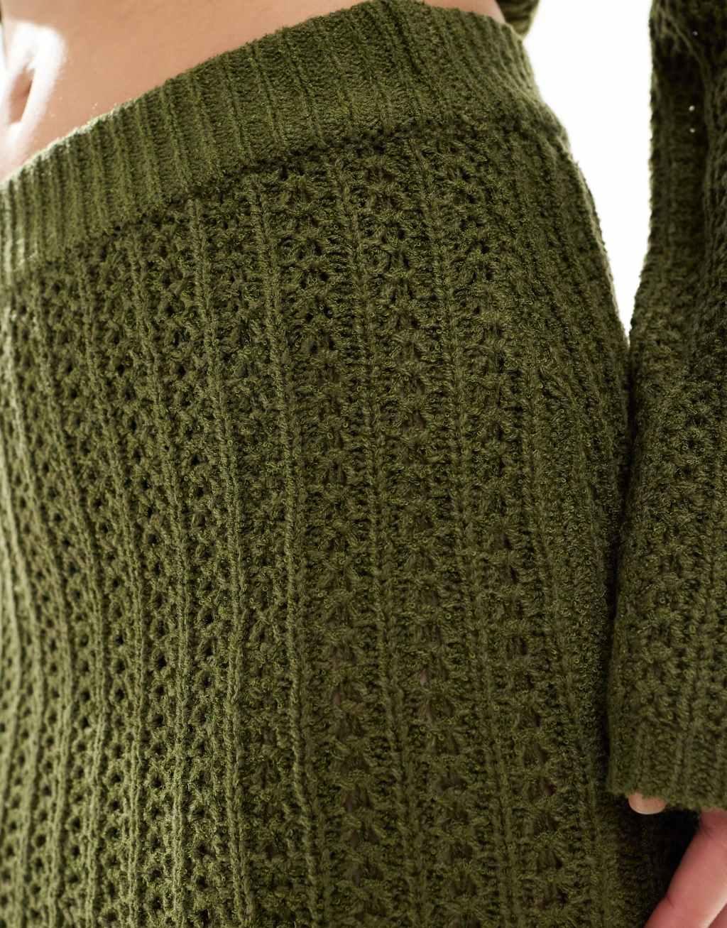ASOS DESIGN knit midi skirt in open stitch in khaki - part of a set Product Image