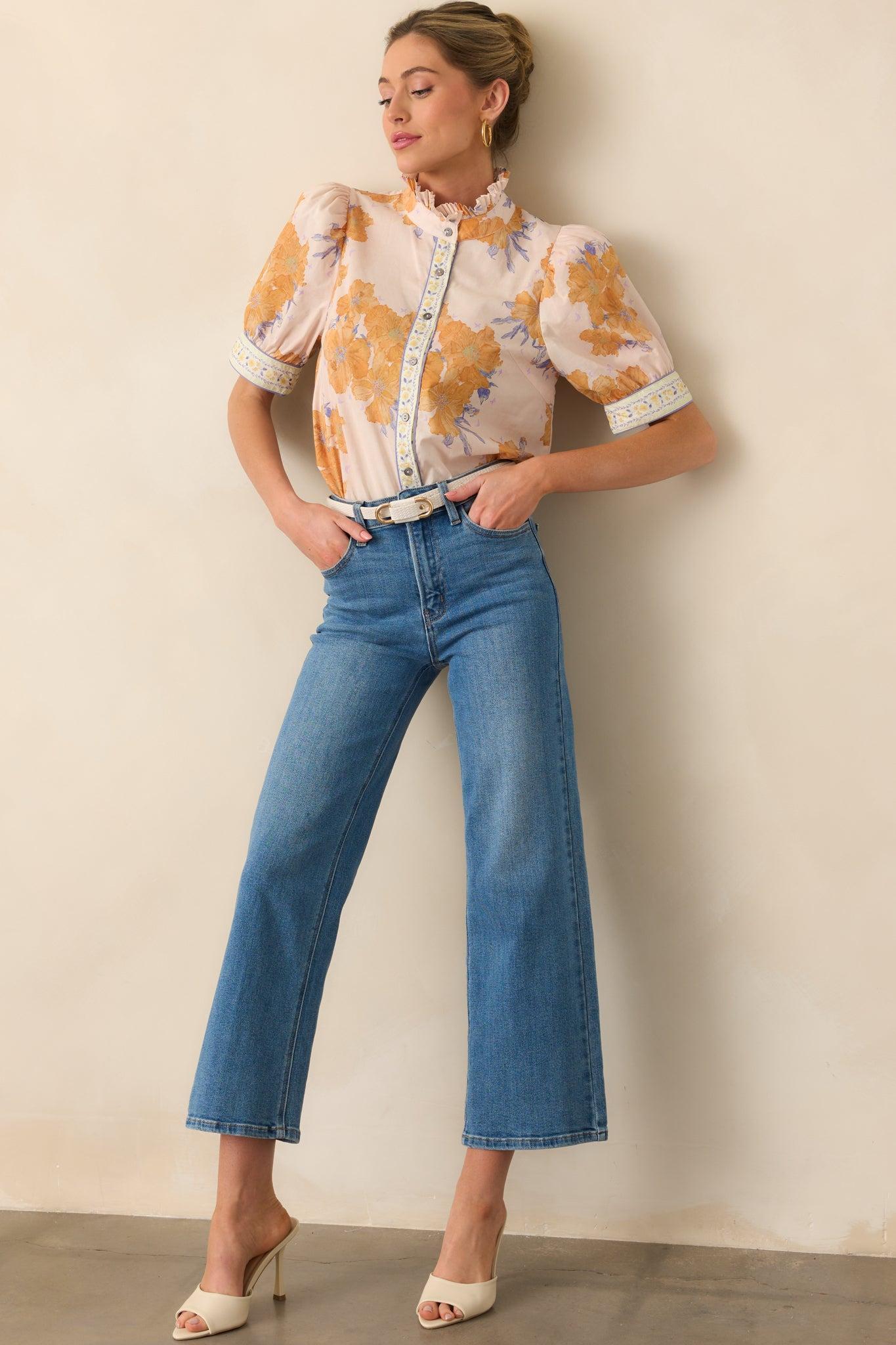 Into The Clouds Medium Wash Cropped Wide Leg Jeans Product Image