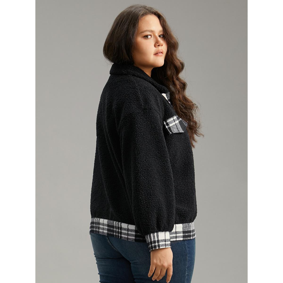 Plus Size Plaid Patchwork Button Up Teddy Shacket Women Black Contrast Dailywear Jackets BloomChic 14-16/1X Product Image