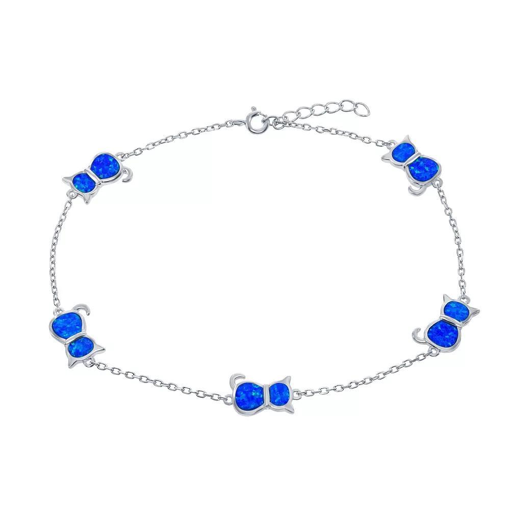 Sterling Silver & Lab-Created Opal Cat Pendants Anklet, Women's, Size: 9", Blue Product Image