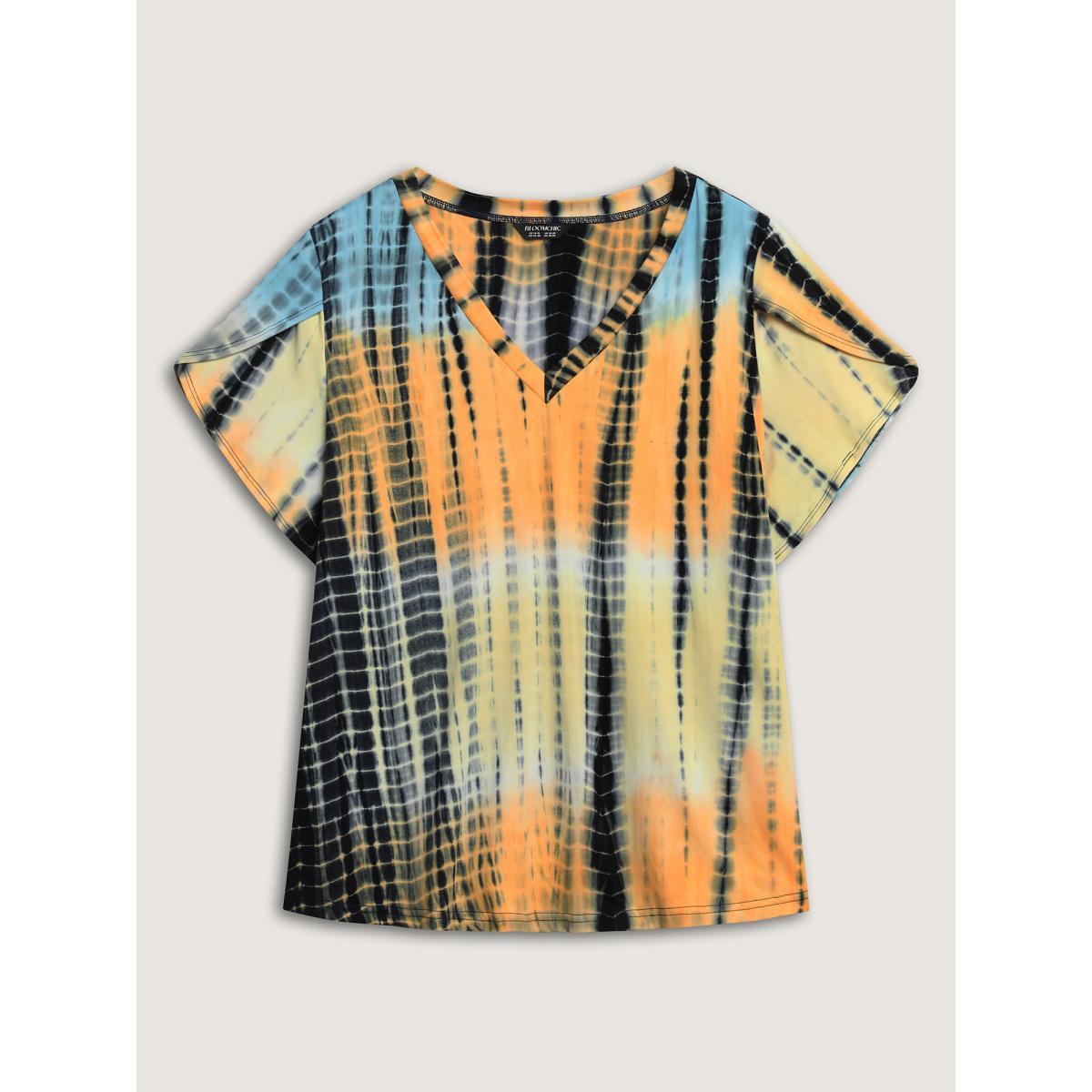 Plus Size Tie-Dye Petal Sleeve V-Neck T-Shirt Multicolor Women Petal edge V-neck Everyday-Casual T-shirts BloomChic 18-20/2X Product Image
