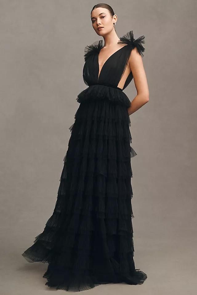 Sau Lee Sabrina V-Neck A-Line Tulle Gown Product Image