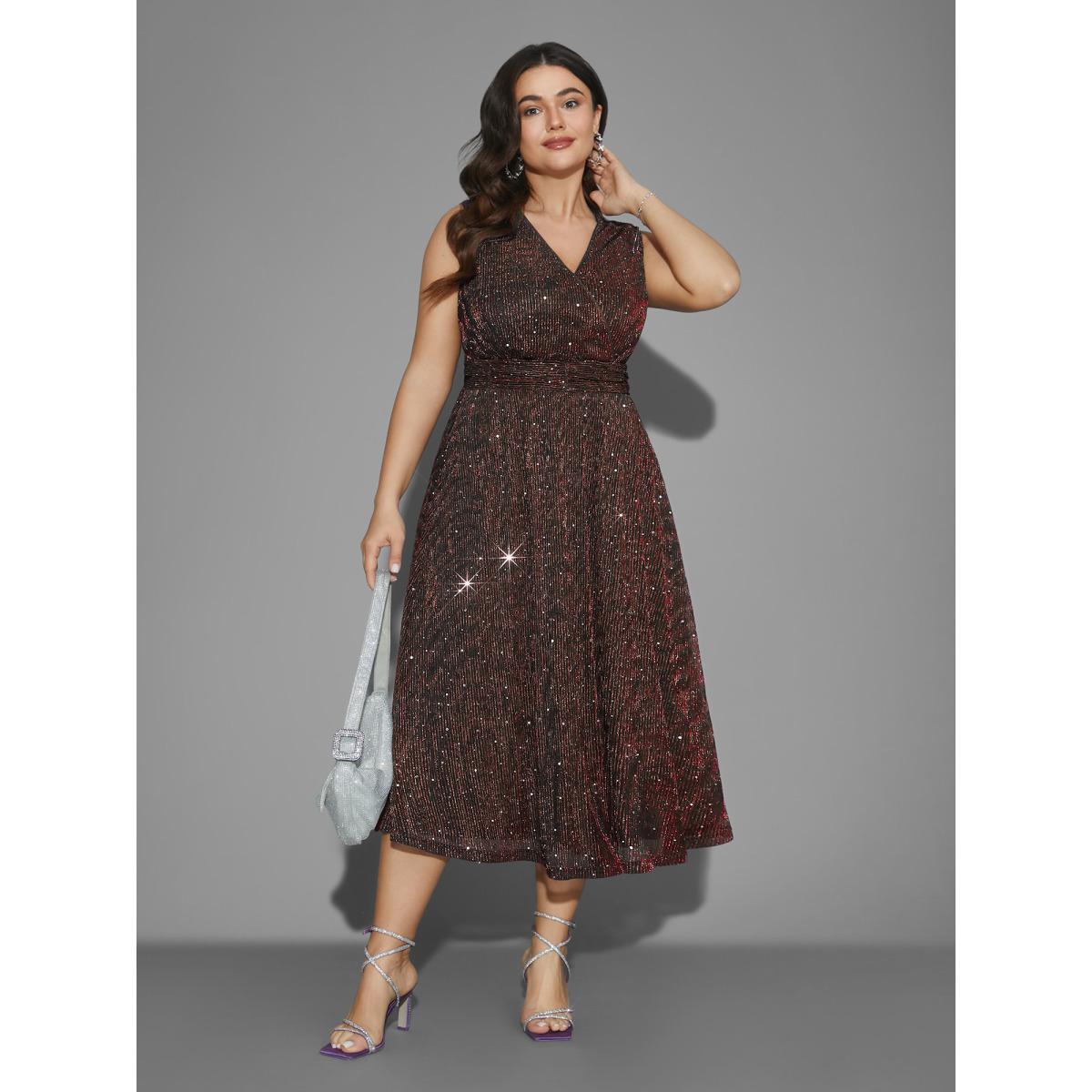 Plus Size Sequin Surplice Neckline Sleeveless Midi Dress Burgundy Women Cocktail Texture Party Curvy Bloomchic 26/4X Product Image