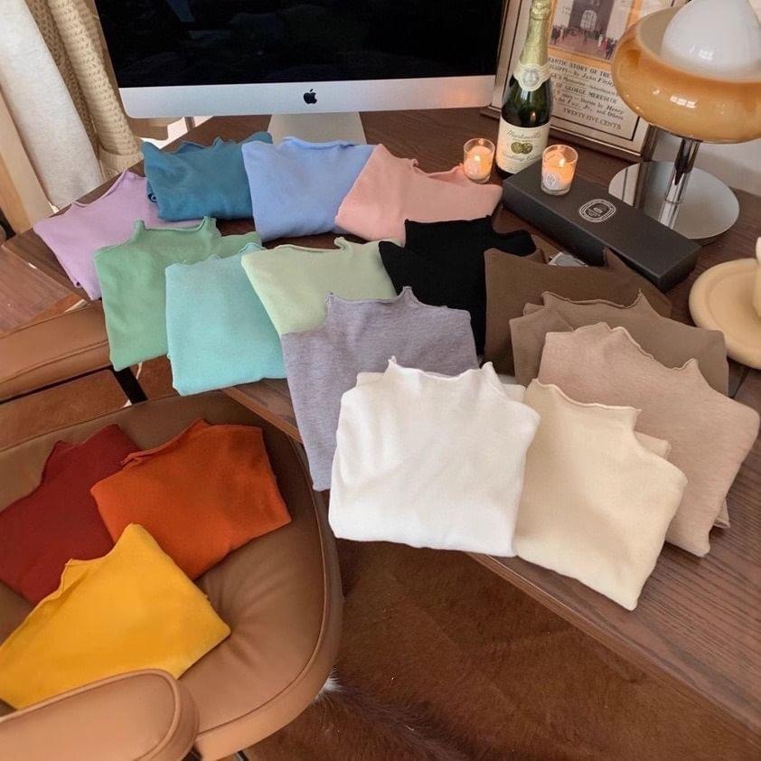 Mock Neck Long Sleeve Plain Knit Top Product Image