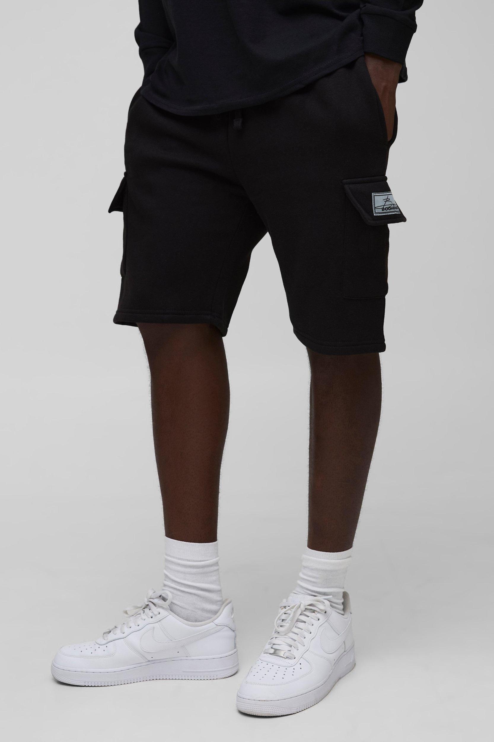 Mens Loose Fit Mid Length BM Signature Label Cargo Shorts - Black Product Image