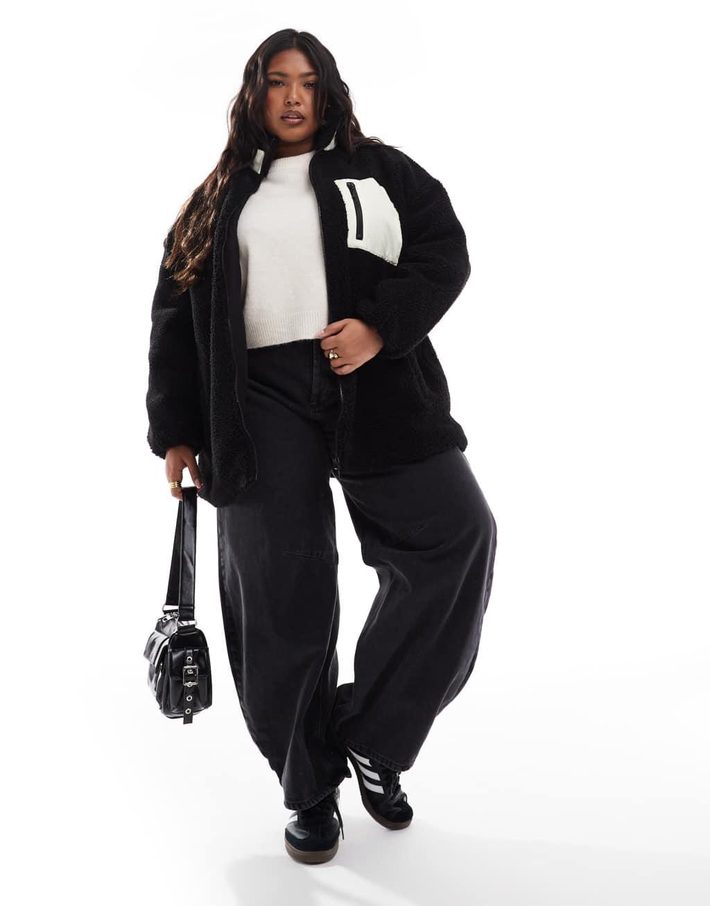 ONLY Curve oversized funnel neck teddy fleece jacket in black Product Image