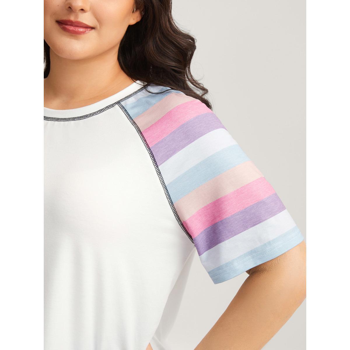 Plus Size Colorful Stripes Raglan Sleeve T-Shirt Originalwhite Women Topstitching Round Neck Everyday-Casual T-shirts BloomChic 22-24/3X Product Image