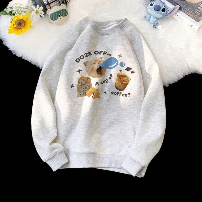 Long Sleeve Cat & Lettering Print Loose-Fit Sweatshirt Product Image