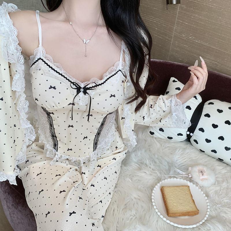 Pajama Set: Ribbon Camisole Top + Jacket + Pants Product Image