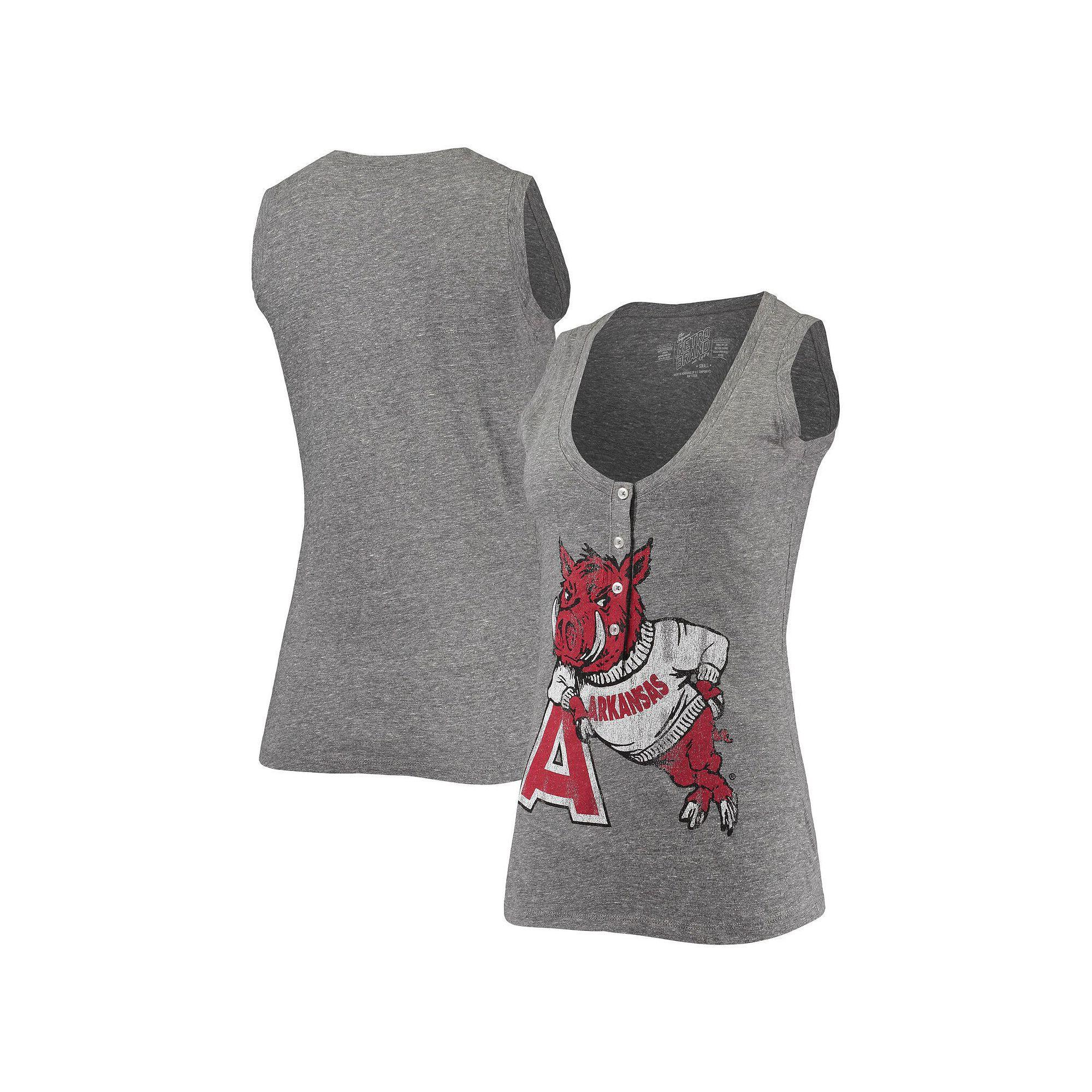 Womens Original Retro Brand Heathered Gray Arkansas Razorbacks Relaxed Henley Tri-Blend V-Neck Logo Tank Top Product Image