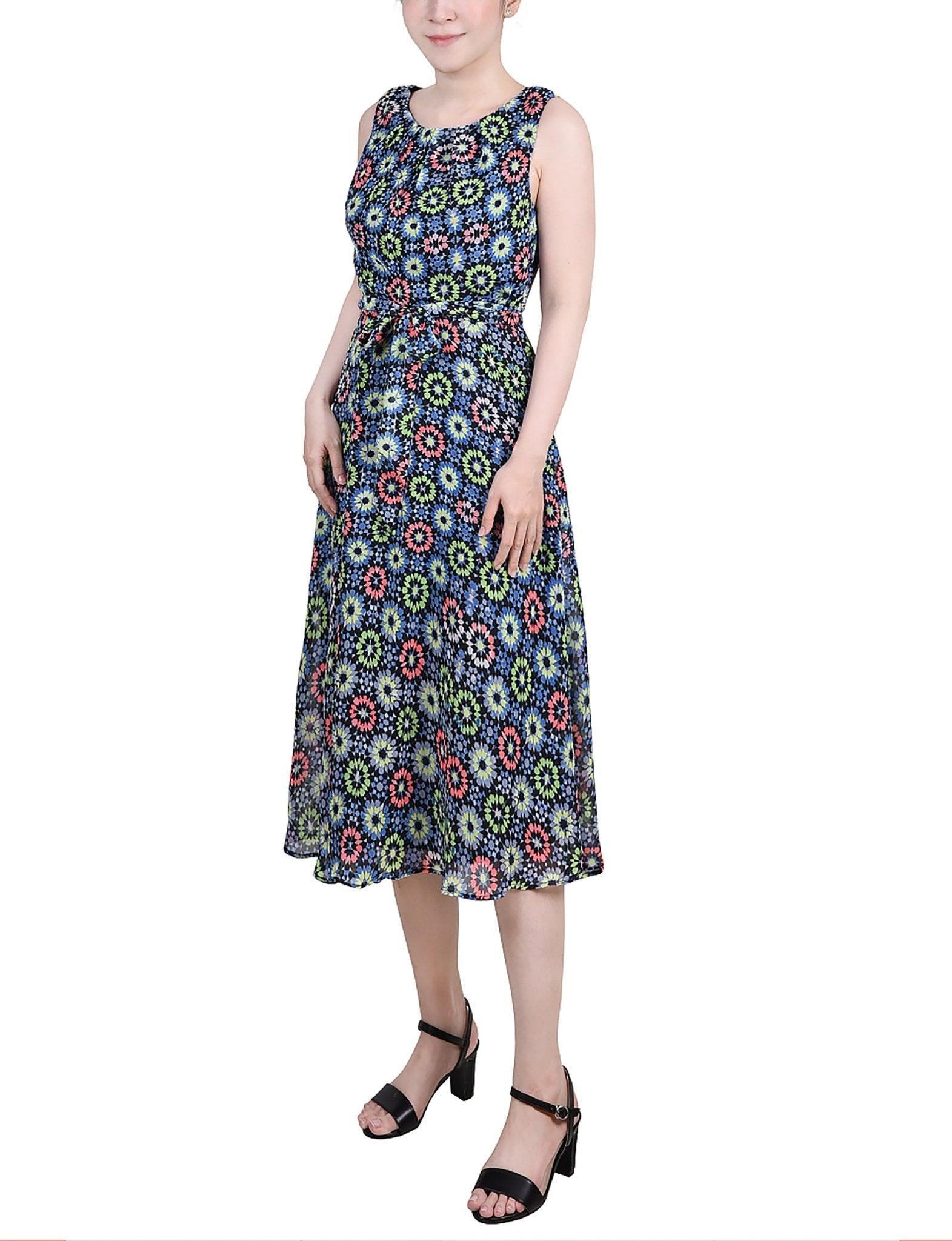 Geo Hippe Peasant Sleeveless Chiffon Belted Dress - Petite Product Image