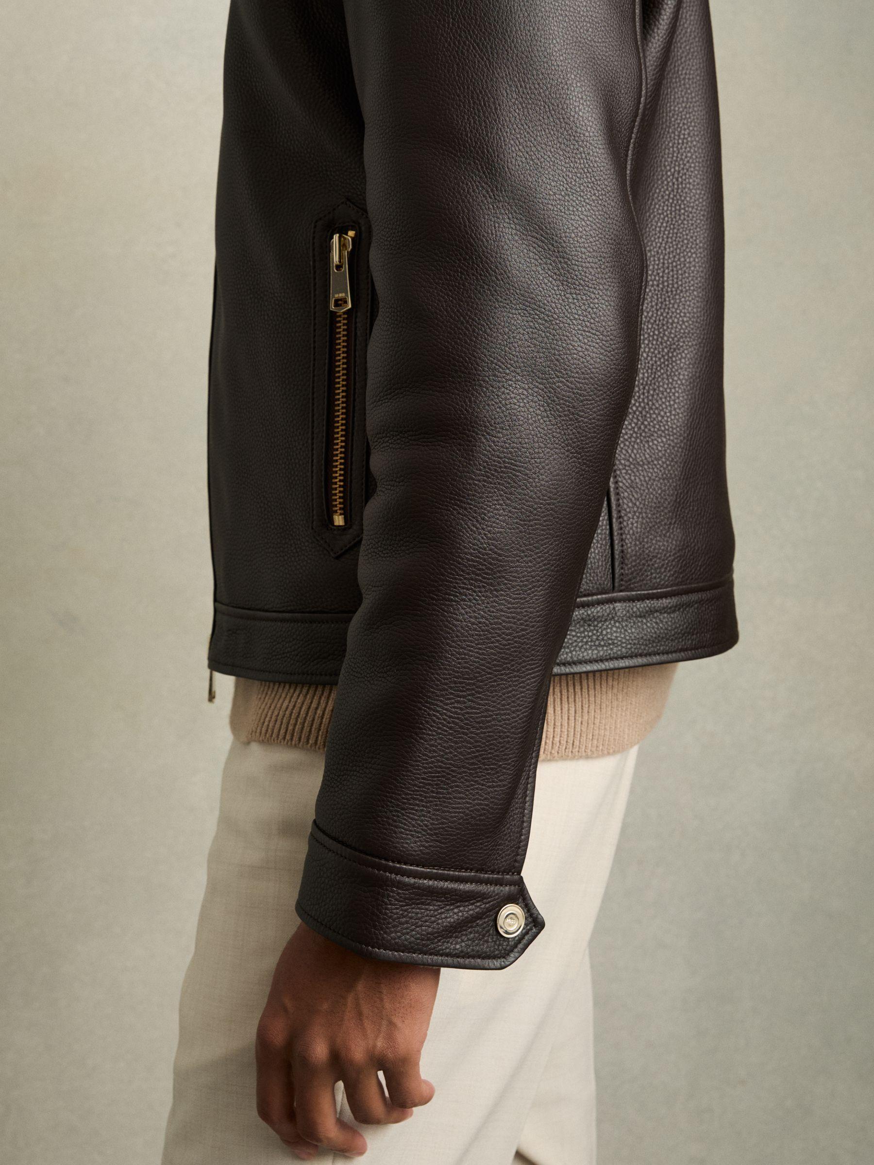 Shearling-Collar Leather Jacket in Dark Brown Product Image