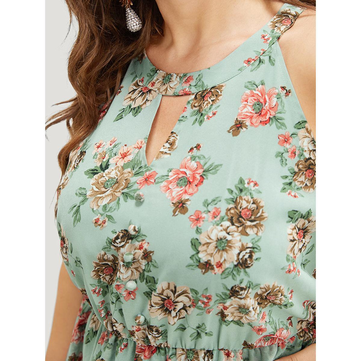 Plus Size Floral Pocket Ruffle Tiered Keyhole Knotted Halter Dress Mint Women Elegant Lined Halter neck Sleeveless Curvy Knee Dress BloomChic 26/4X Product Image