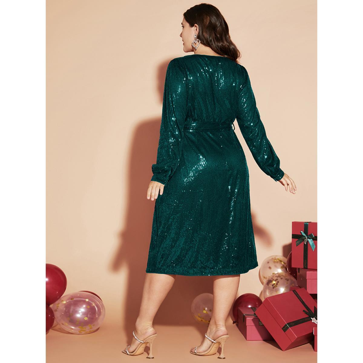 Plus Size Solid Square Neck Lantern Sleeve Belted Sequin Dress DarkGreen Women Party Cross straps Square Neck Long Sleeve Curvy Midi Dress BloomChic 28/5X Product Image