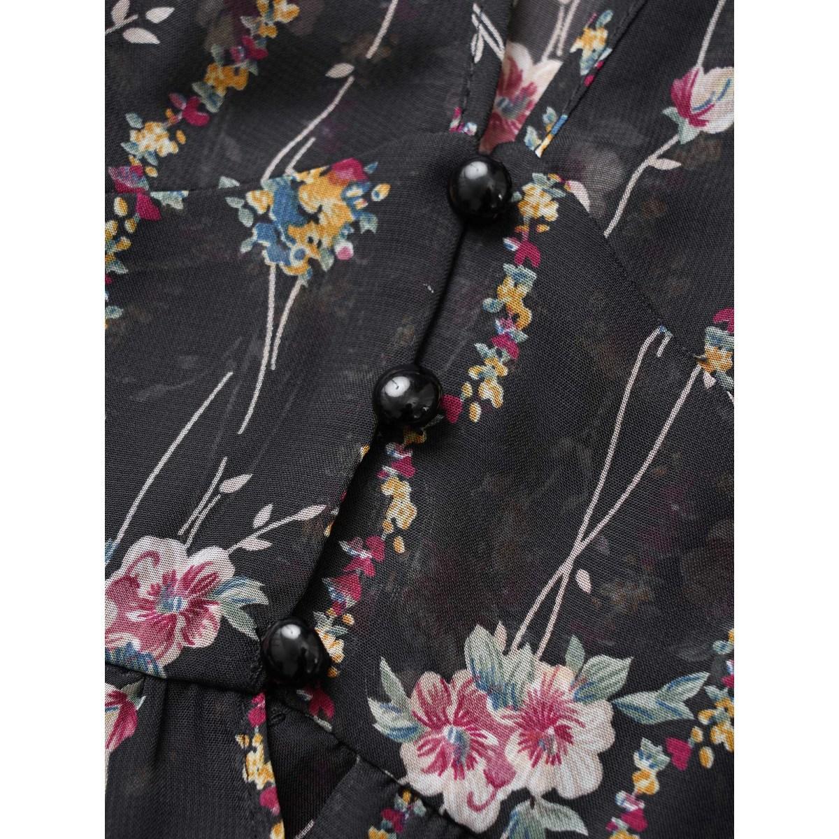 Plus Size Floral Mesh Bell Sleeve Curved Hem Kimono Women Black Elegant Asymmetrical Everyday Kimonos BloomChic 14-16/1X Product Image