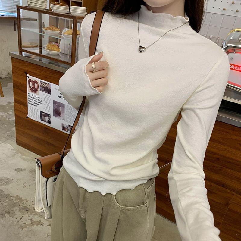 Long-Sleeve Mock Neck Frill Trim Plain T-Shirt Product Image