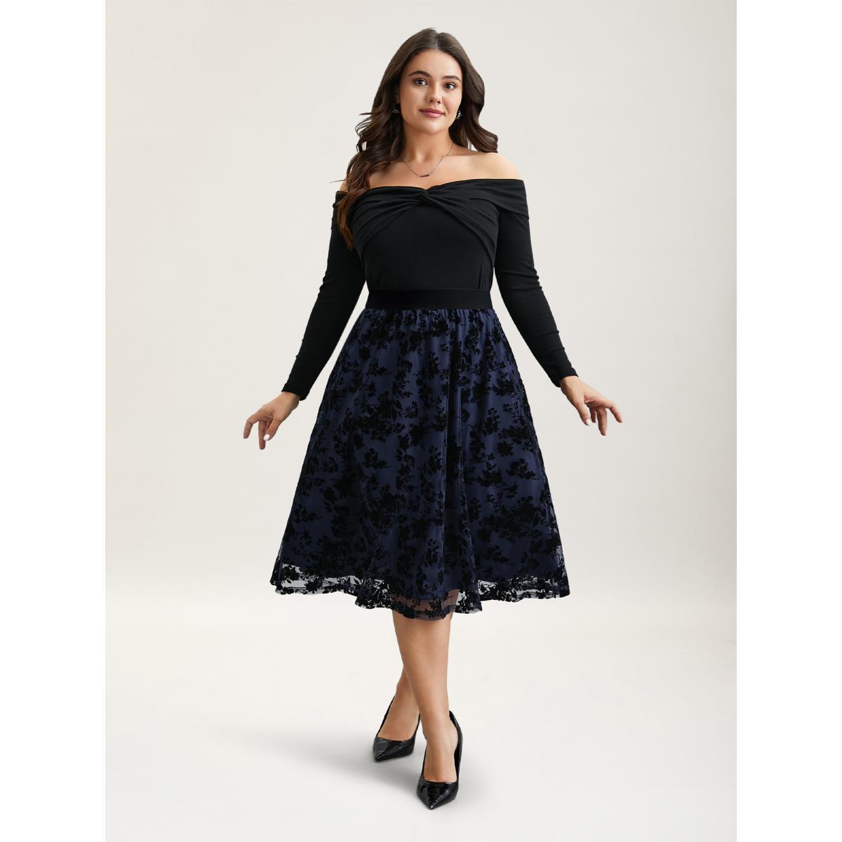 Plus Size Floral Flocked Flared Midi Skirt Women Indigo Elegant Tiered Low stretch Everyday Skirts BloomChic 30/6X Product Image