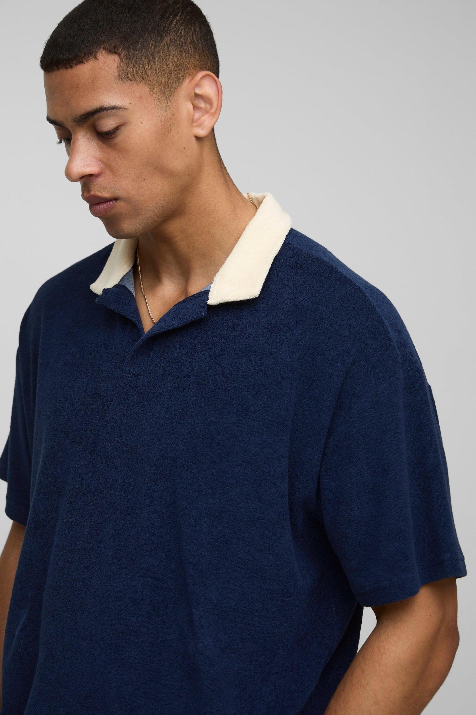 Boxy Contrast Collar Towelling V Neck Polo | boohooMAN USA Product Image