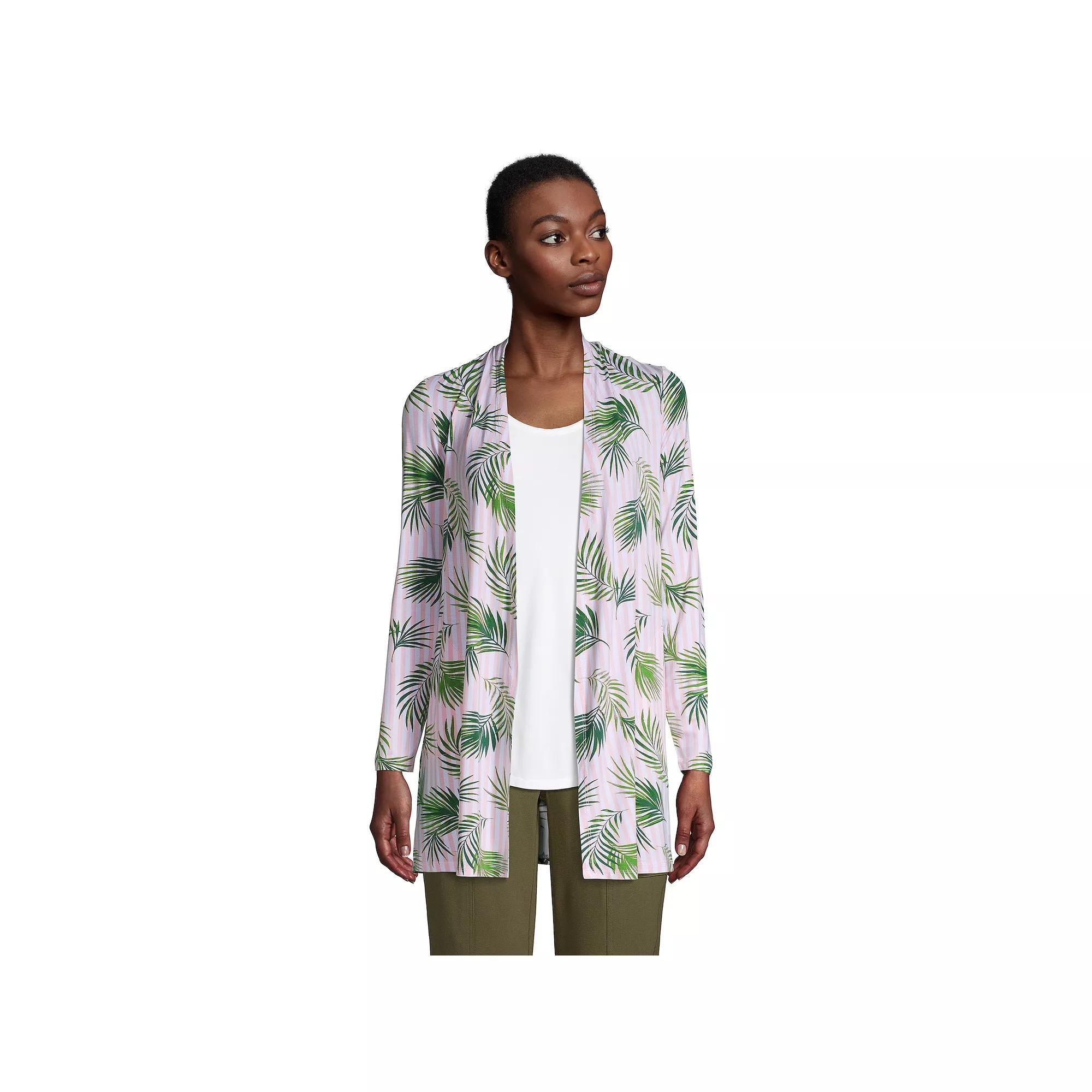 Women's Lands' End Draped Long Open-Front Cardigan, Size: Medium, Pink White Palm Product Image