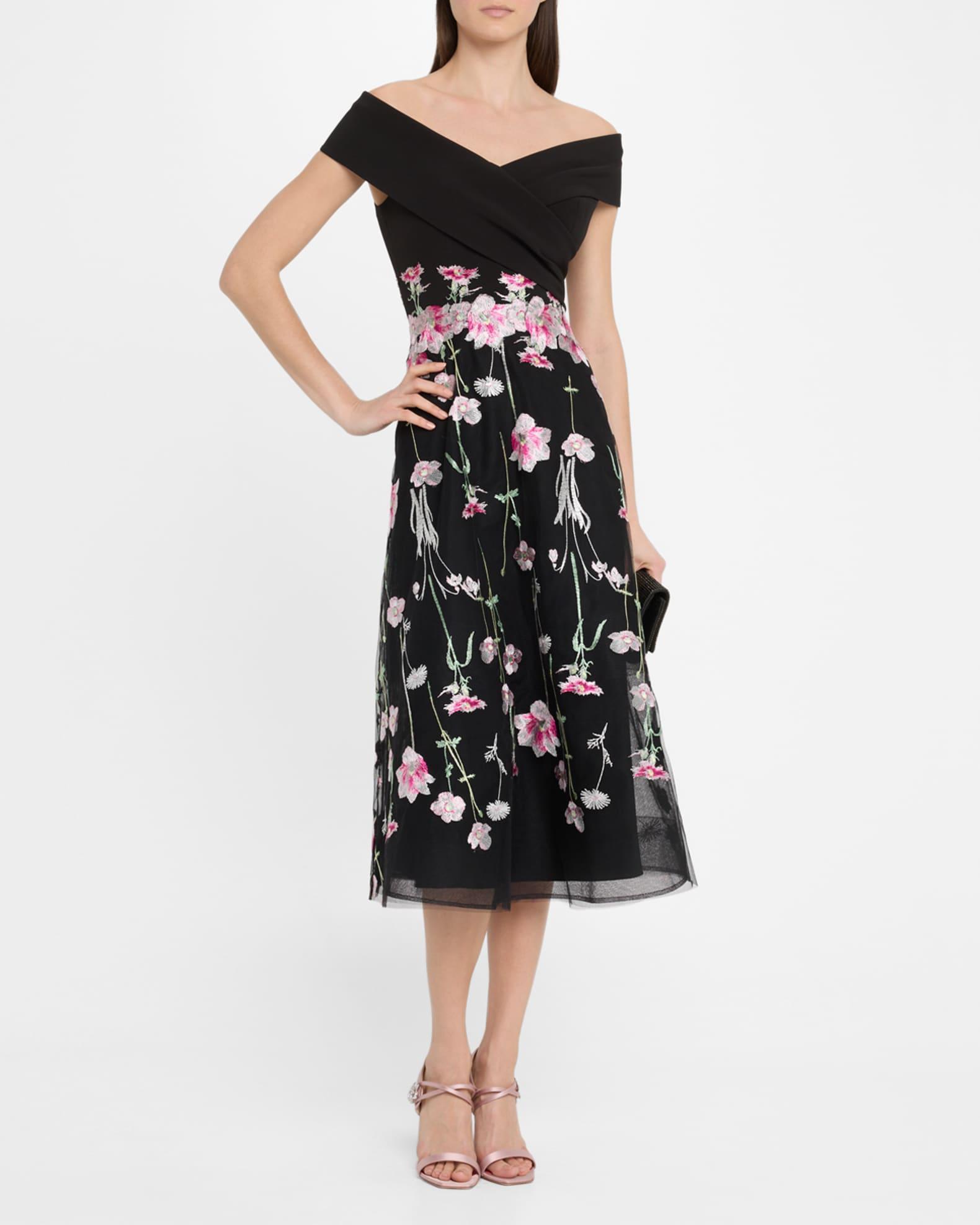 Off-Shoulder Embroidered Tulle Midi Dress Product Image