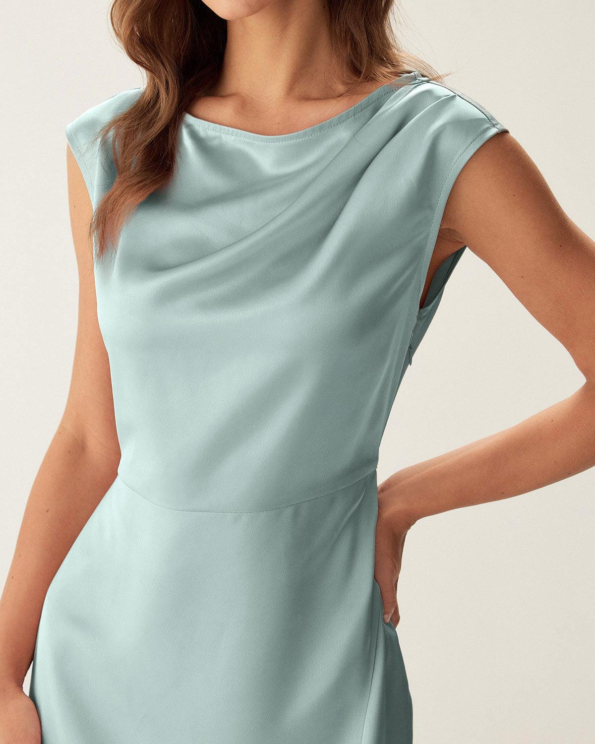 Blue Satin Boat Neck Slit Sleeveless Midi Dress Product Image