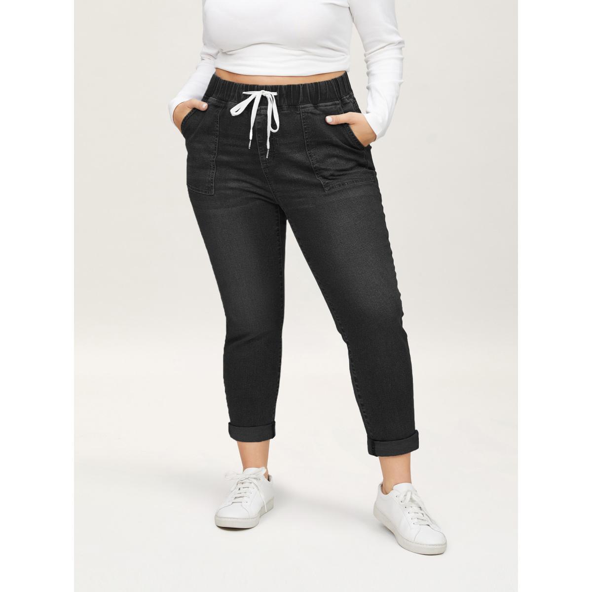 Plus Size Drawstring Elastic Waist Roll Hem Jeans Women DarkBlue Casual Plain Drawstring High stretch Slanted pocket Jeans BloomChic 26/4X Product Image