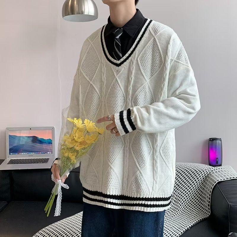 V-Neck Contrast Trim Cable Knit Sweater Product Image
