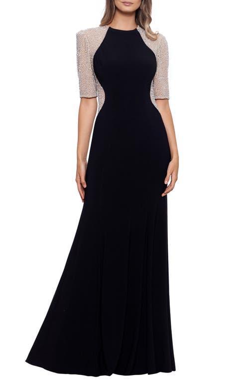 Xscape Petite Size Beaded Mesh Short Sleeve Sheath Gown Product Image