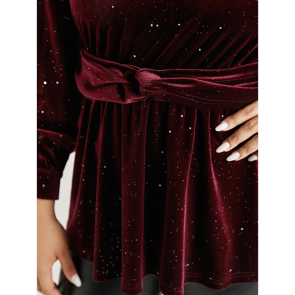 Plus Size Scarlet Glitter Sequin Velvet Twist Front V Neck Blouse Women Cocktail Long Sleeve V-neck Party Blouses BloomChic 10/M Product Image
