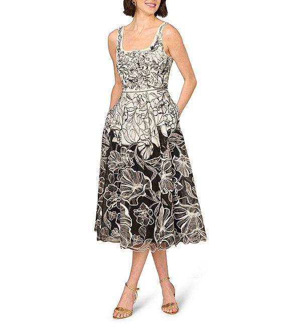 Aidan Mattox Organza Embroidered Floral Print Square Neck Sleeveless A-Line Midi Dress Product Image