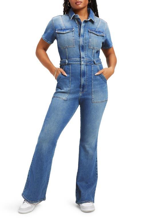 Womens Fit For Success Bootcut Denim Jumpsuit | , | Hidden Front Zipper Closure, Breast Pockets | Good American by Product Image